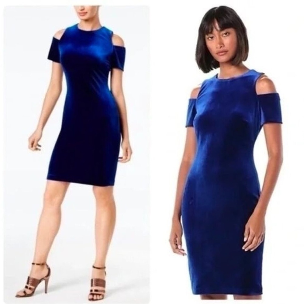 Calvin Klein Blue Velvet Gold Shoulder Back Zip Stretch Sheath Dress